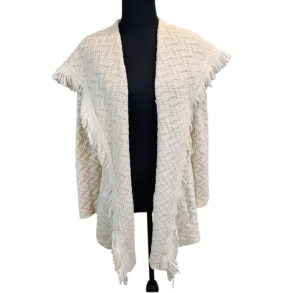 Angel of the North Fringe Cardigan Ivory Knit Boho Chevron Open Front Sweater M